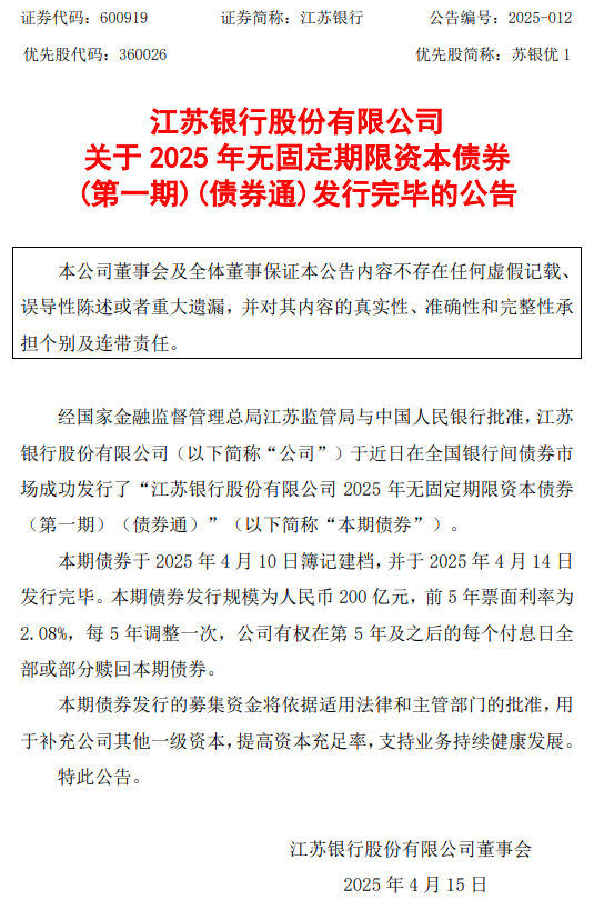 江苏银行：200亿元2025年无固定期限资本债券发行完毕